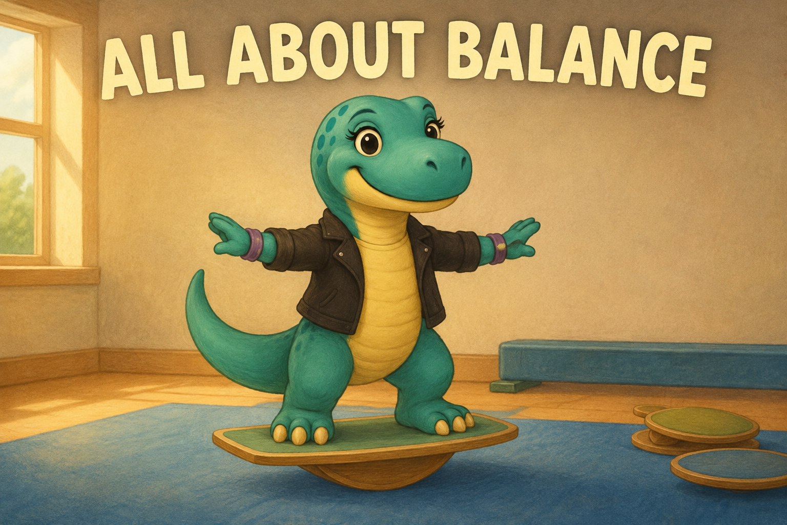 groovy the dinosaur on a balance board