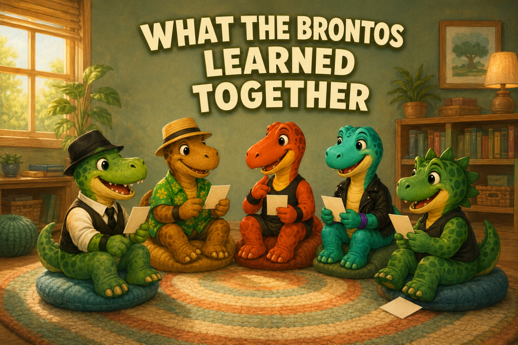 cartoon dinosaurs sitting in a circle on the floor.