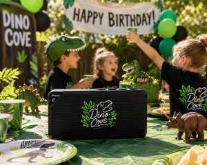 Dino Cove themed boom box at  kid's birthday party