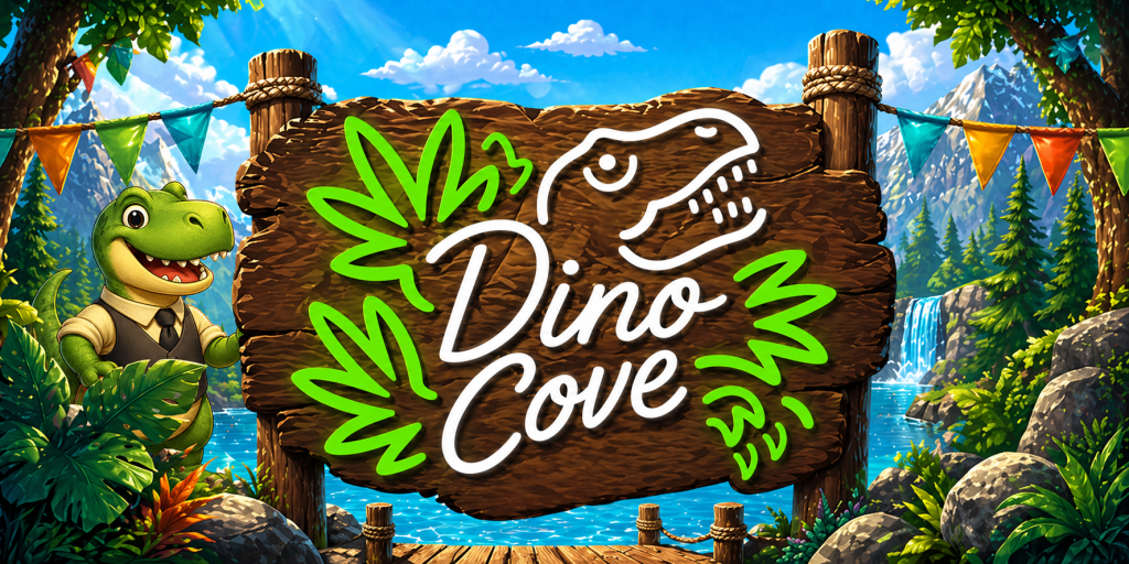 wood sign with neon green and white dino cove