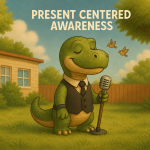 Mindful Dinosaur in a Sunny Backyard