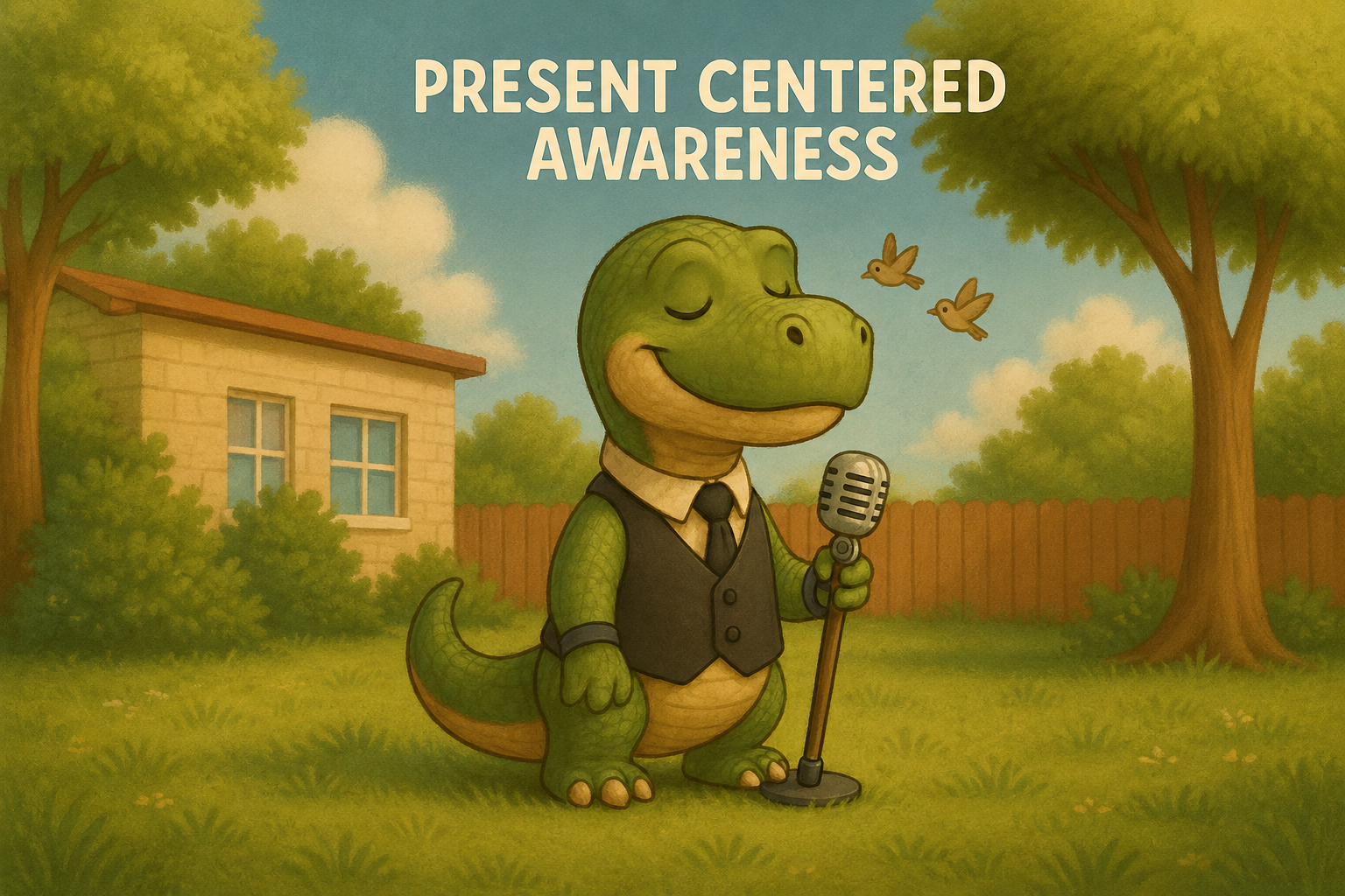 Mindful Dinosaur in a Sunny Backyard